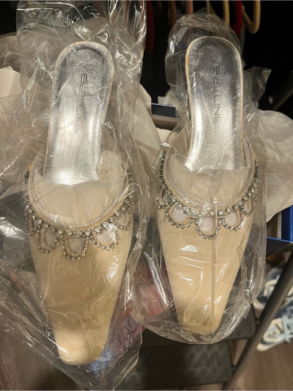 Bellini Champagne Satin Pointed Toe Mules with Beaded Trim